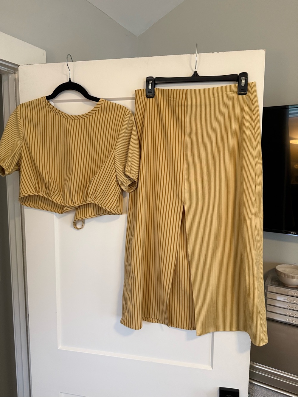 Striped Mustard Yellow Two-Piece Skirt Set - Womens